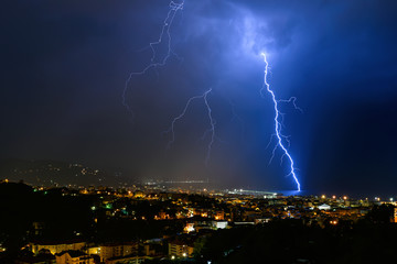 Lightning and thunderstorm on the Tigullio Gulf - Ligurian sea - Chiavari - Italy.