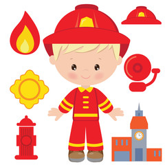 Cute little fireman blonde boy vector cartoon illustration
