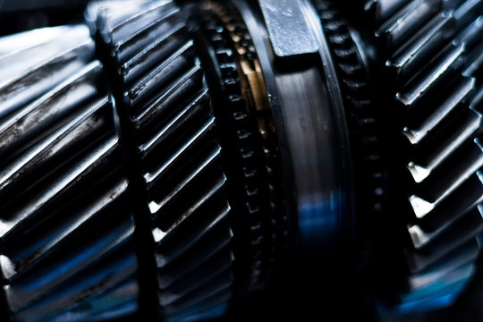 Gearbox shaft assembly close up; shallow depth of field; selective focus