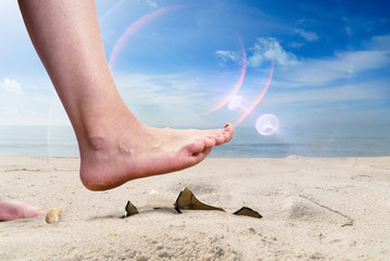 Concept on the pollution of beaches with dangerous objects