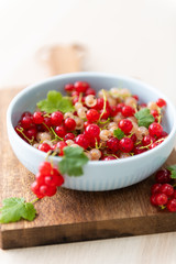Freshly Picked Red and White Currants in Blue Bowl 