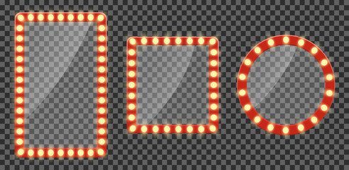 Makeup mirror or neon billboards with light. Empty signage frame with light bulb for circus, cinema, comic frame. Set of mirror with bulb in retro style. Glowing signboard for winner.
