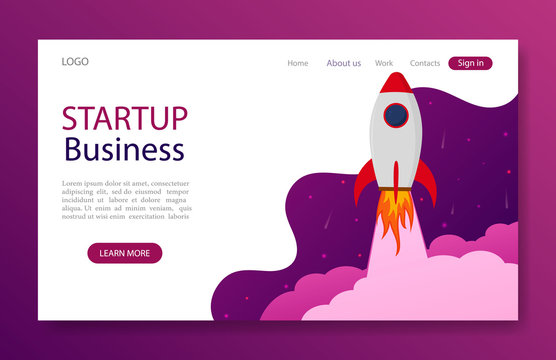Website landing page with startup rocket concept for marketing, business, mobile app. Launch rocket idea for start up business. Template web page with launch space shuttle.vector