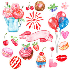 Watercolor set for Valentines day, birthday. Hand drawn red kiss, lips, hearts, air balloon, salute, sweet desserts and treats, flowers bouquet, isolated on white background.