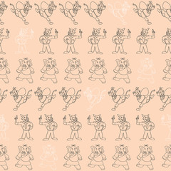 Vector peach with black and white horizontal anthropomorphic characters seamless pattern background