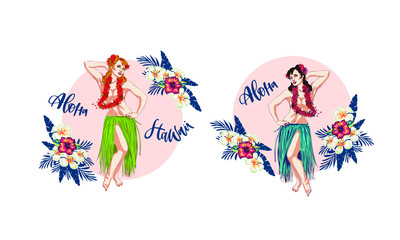 Concept of retro woman woman dancing in Hawaiian dress. Vintage hula girl dancing on the beach