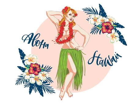 Concept of retro woman woman dancing in Hawaiian dress. Vintage hula girl dancing on the beach