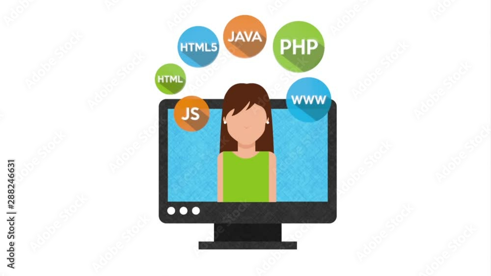 Poster programmer woman with desktop and icons animation