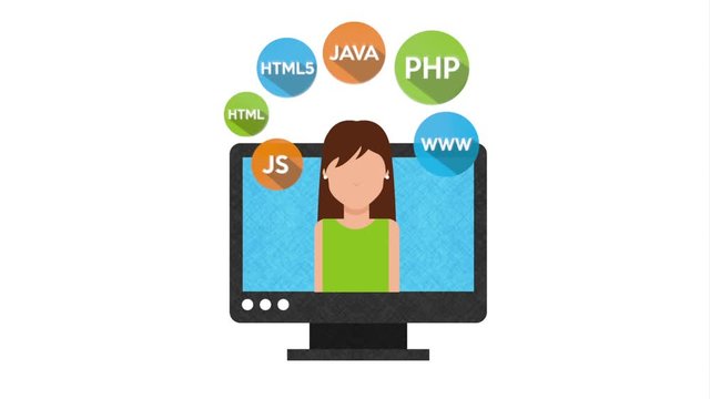 programmer woman with desktop and icons animation