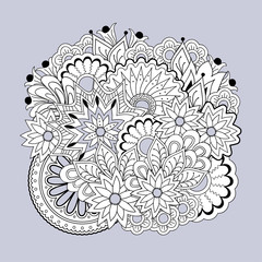zen tangled floral composition with mandalas on the blue