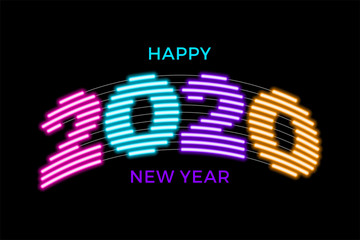 2020 Happy new year luminous neon creative design background template. Numbers minimalist style. Vector 2020 linear numbers Design of greeting card. Vector illustration.