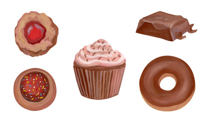 Sweet collections painted with acrylics. Cookies, donut, cupcake, chocolate isolated on white background. Elements for your design.