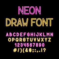 Hand draw Neon tube alphabet font. Color type letters and numbers. Vector typography for headlines, posters, etc.