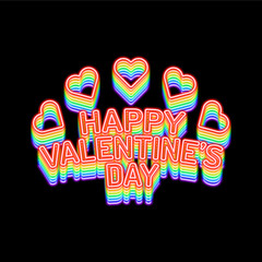 Rainbow Valentines Day background with heart. Vector retro neon sign.