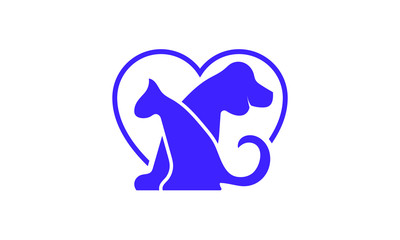 Blue silhouette of cat and dog inside a heart shape symbolizing pet love