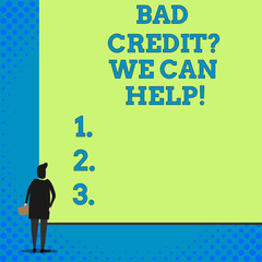 Conceptual hand writing showing Bad Creditquestion We Can Help. Concept meaning offerr help to gain positive payment history Woman watching blank big rectangle. Geometrical background