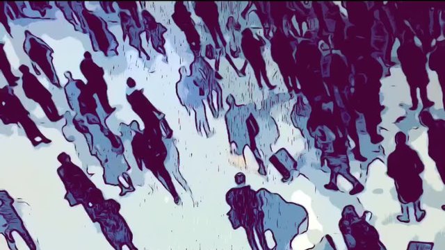 rush hour commuters people walking, urban city backdrop comic book style animation illustration footage - stock, video, film, clip,