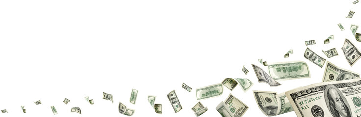 Fototapeta premium Hundred dollar bill. Falling money isolated background. American