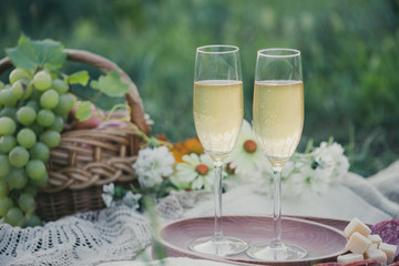 picnic on a grape field, 2 glasses of white wine and a basket of food and flowers