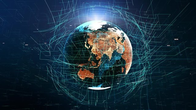 Earth globe with transparent night map of earth slow rotates around its axis, seamless futuristic technology animation of digital world with light effects on deep blue gradient background