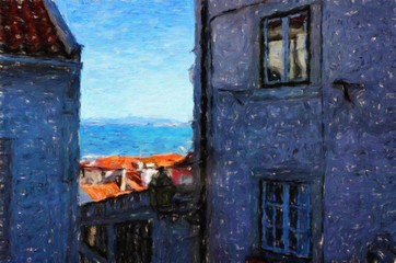 Digital oil painting on canvas old european architecture view. Historical touristic place and buildings. Modern impressionism art. Artistic bush strokes artwork of europe travel. Postcard design print