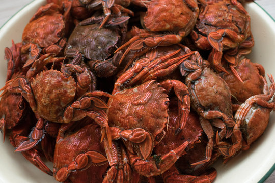 Close-up of blue crabs or jaiba called in Spain cooked