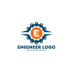 Initial letter E logo with Gears sign. Gear Vector Template.