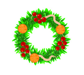 Christmas wreath with berries, ribbons and oranges. Vector drawing of a Christmas wreath. EPS 10. Simple vector.