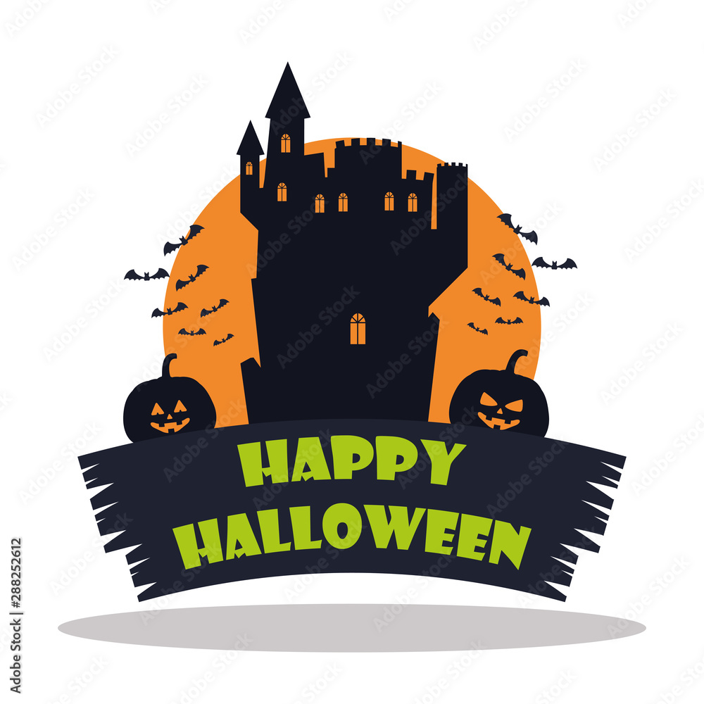 Poster happy halloween castle with pumpkins