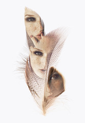 Beautiful woman with feather, double exposure, overlay, can be used as background