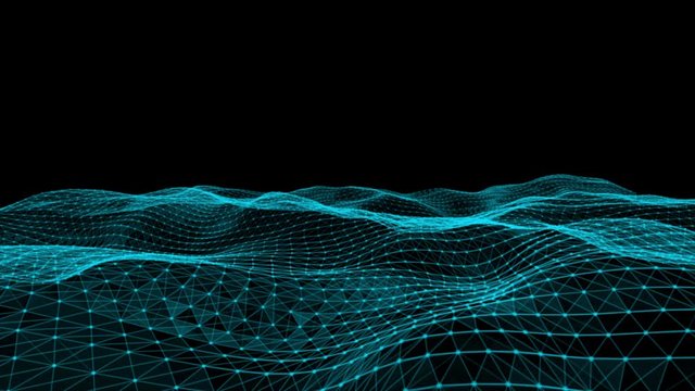 Futuristic flying over 3D plexus green waving terrain abstract technology background - moving dots and lines network connection structure in black space background