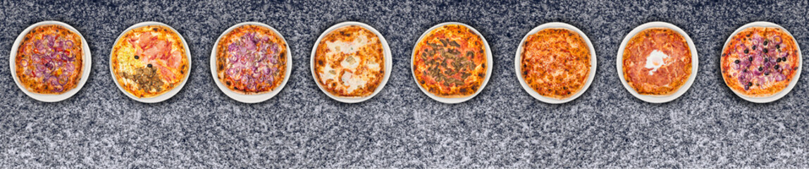 Eight different pizza set for menu or banner. Onion Pepperoni, Four Season, tuna and onion, four cheese, pizza with mushroom, margherita, egg and olive onions. Concept Pizza delivery service to home