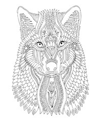 Wolf head. Hand drawn picture. Sketch for antistress adult coloring book. Vector illustration  for coloring page, isolated on white background. Template for poster, t-shirt or tattoo.