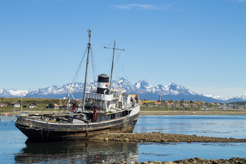 Fototapeta premium Beached ship on Ushuaia port, Argentina landscape
