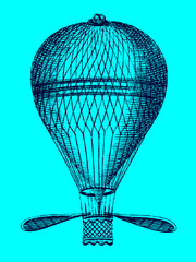Historical balloon with two oars for navigation in front of a blue background. Illustration after an engraving from the 18th century. Editable in layers