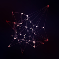 Plexus lines, dots and light beams with light points. Abstract technology, science and engineering background. Depth of field settings. 3D rendering.