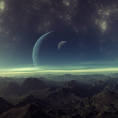 3d rendered Space Art: Alien Planet - A Fantasy Landscape with blue skies and stars