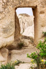 Limestone mountains in the valleys of Cappadocia. Great landscape. Vertical.