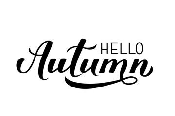Hello autumn calligraphy hand lettering isolated on white. Seasonal quote typography poster. Easy to edit vector template for banner, flyer, sticker, postcard, mug, t-shirt, etc.