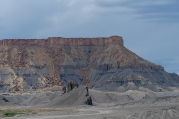 Landscape of barren blue and grey hillside near Hanksville, Utah