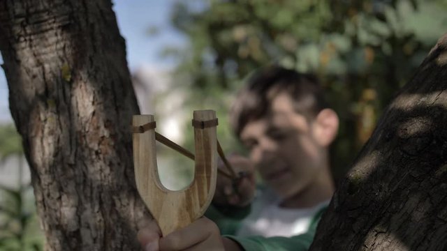 boy hides behind a tree and aims at someone with a slingshot