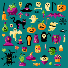 Halloween celebratory subjects isolated on background. Flat style vector illustration set. Great for Halloween party props, greeting card, logo, stickers.