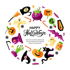 Halloween card set with celebratory subjects. Handwriting lettering Halloween. Place for text. Flat style vector illustration. Great for party invitation, flyer, greeting card. Circle concept.