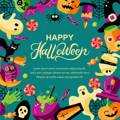 Halloween card with celebratory subjects. Hand drawn lettering Hello Halloween. Place for text. Flat style vector illustration. Great for party invitation, flyer, greeting card.