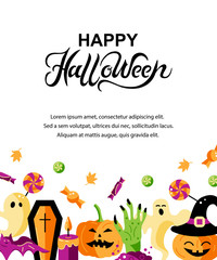 Halloween card with celebratory subjects. Hand drawn lettering Hello Halloween. Place for text. Flat style vector illustration. Great for party invitation, flyer, greeting card.