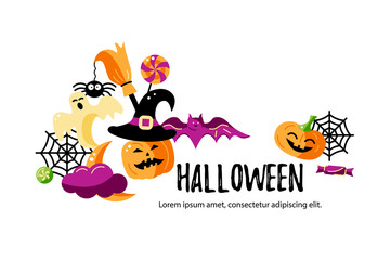 Halloween card with celebratory subjects. Place for text. Flat style vector illustration. Great for party invitation, flyer, greeting card, web, headline.