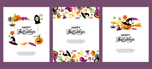 Halloween cards set with celebratory subjects. Handwriting lettering Halloween. Place for text. Flat style vector illustration. Great for party invitation, flyer, greeting card.