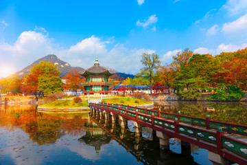 Autumn in  Gyeongbokgung palace, Hyangwonjeong Pavilion, in Seoul,South Korea..