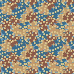 A seamless vector pattern with floral shapes and golden dots. Surface print design.