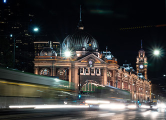 Flinders street view at night time. Time lapse shot.